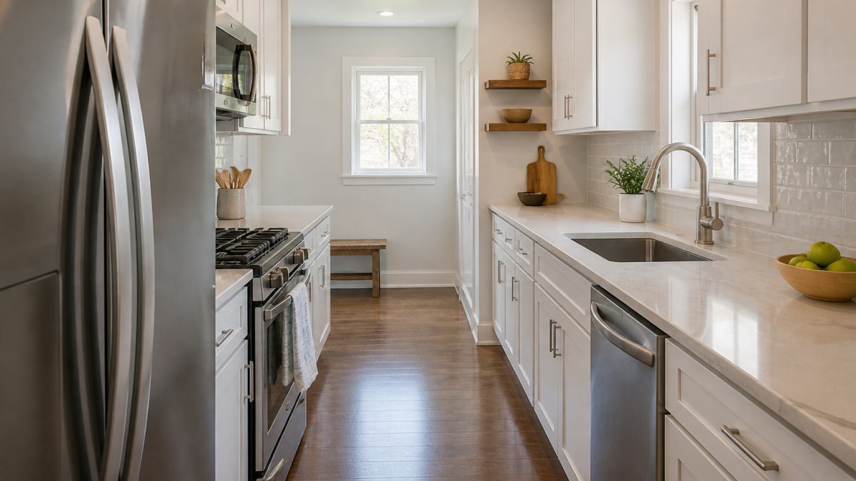 A compact galley kitchen with white cabinetry, stainless steel appliances, and efficient workflow between countertops, showing how a narrow space can feel organized and functional