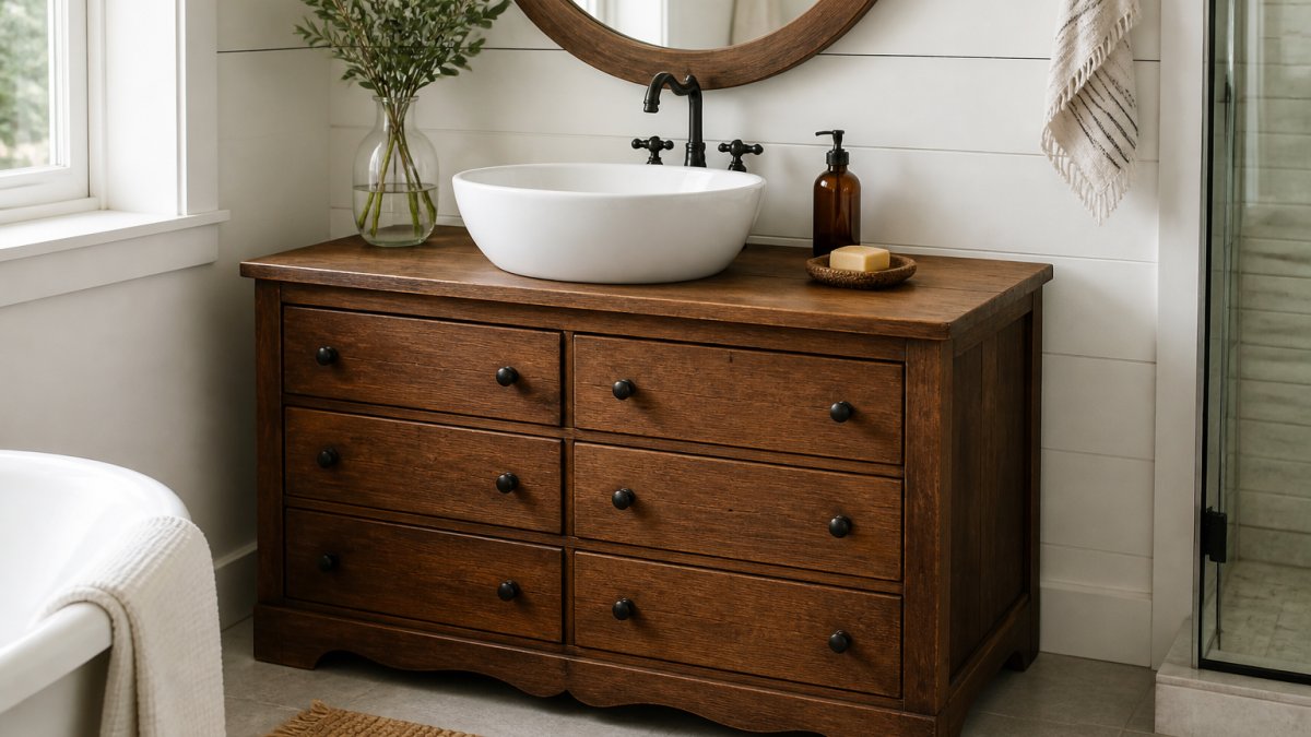 A repurposed wooden dresser converted into a bathroom vanity with a vessel sink on top, showing visible plumbing cutout and sealed finish in a bright bathroom