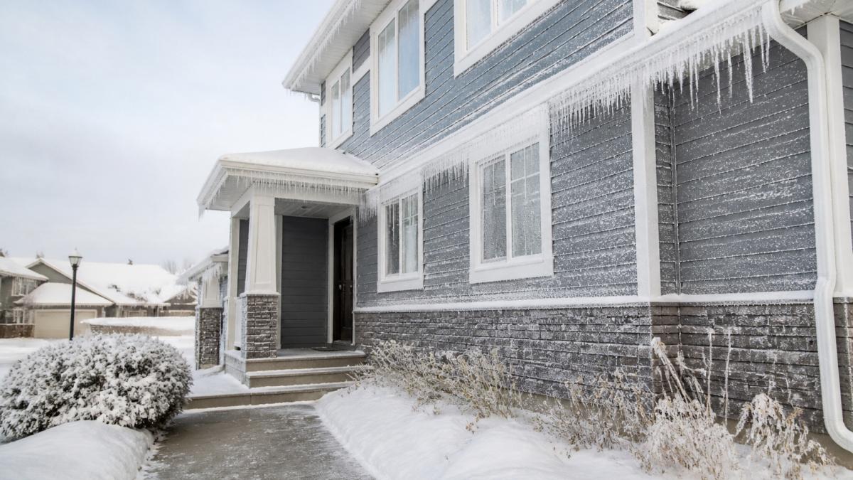 A two-story home exterior in a snowy residential neighborhood with frost on the siding and icicles hanging from the eaves, showing winter conditions