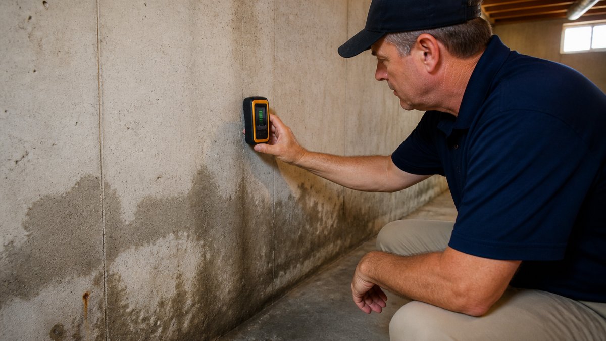 Professional using moisture meter to test concrete basement wall, showing visible damp patches and water damage marks in natural basement lighting