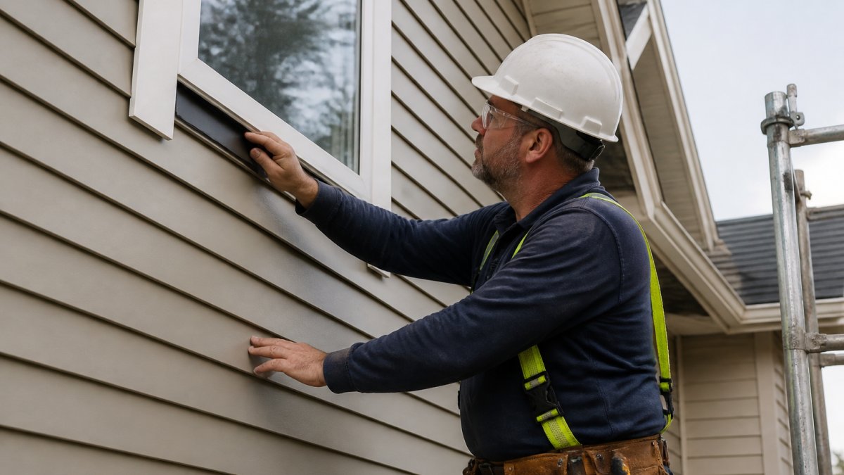 A contractor in safety gear inspecting newly installed siding on a two-story home, checking the seams and flashing around a window frame