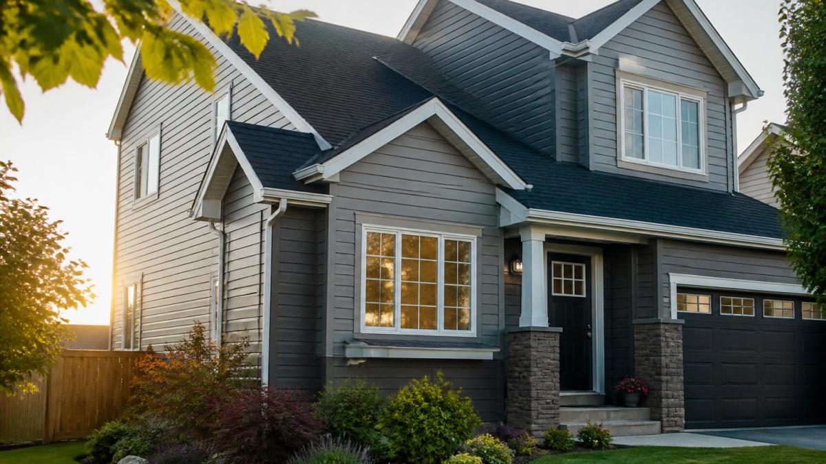 A finished two-storey home exterior with new fiber cement siding and a dark shingle roof, photographed in soft late-afternoon light with a clean landscaped front yard