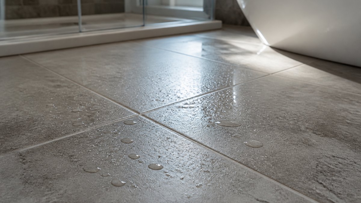 Diagram illustrating water-resistant bathroom renovation materials with ceramic tile and grout details