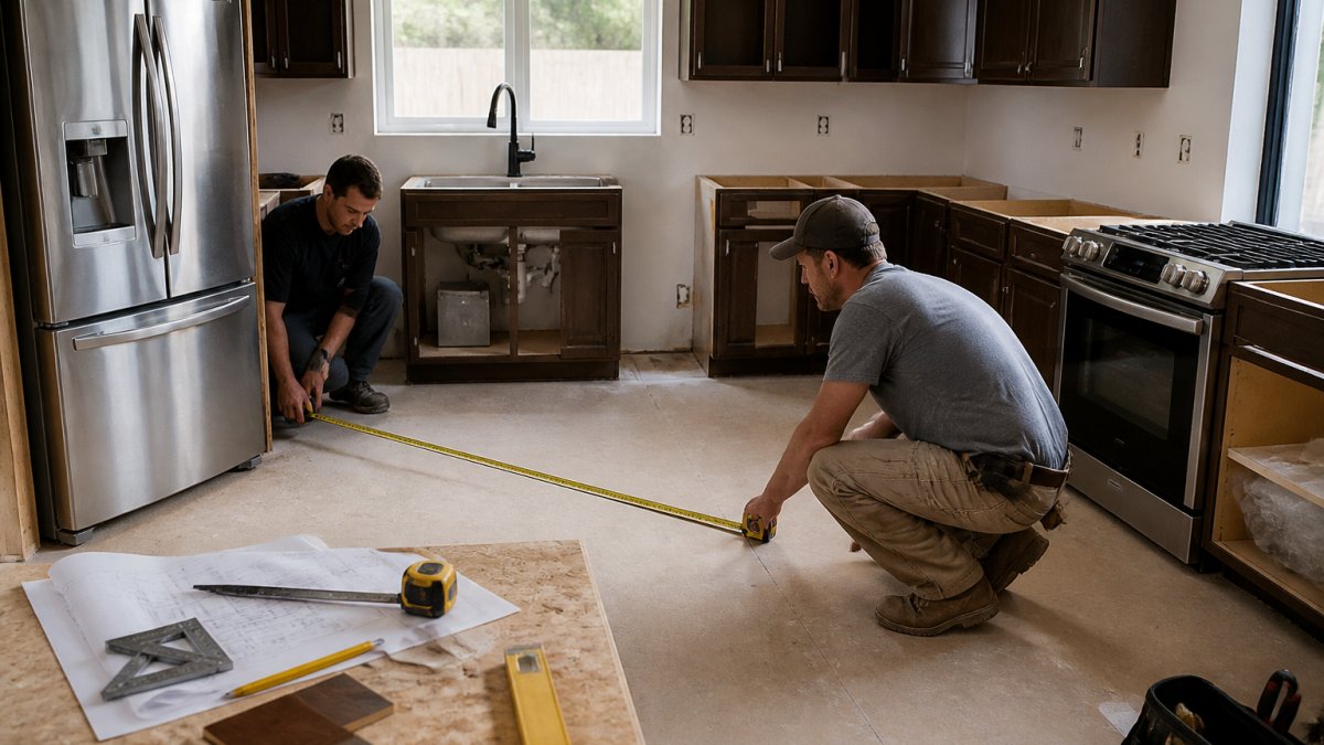 Homeowner and contractor measuring the kitchen work triangle distance between a sink, fridge, and stove.