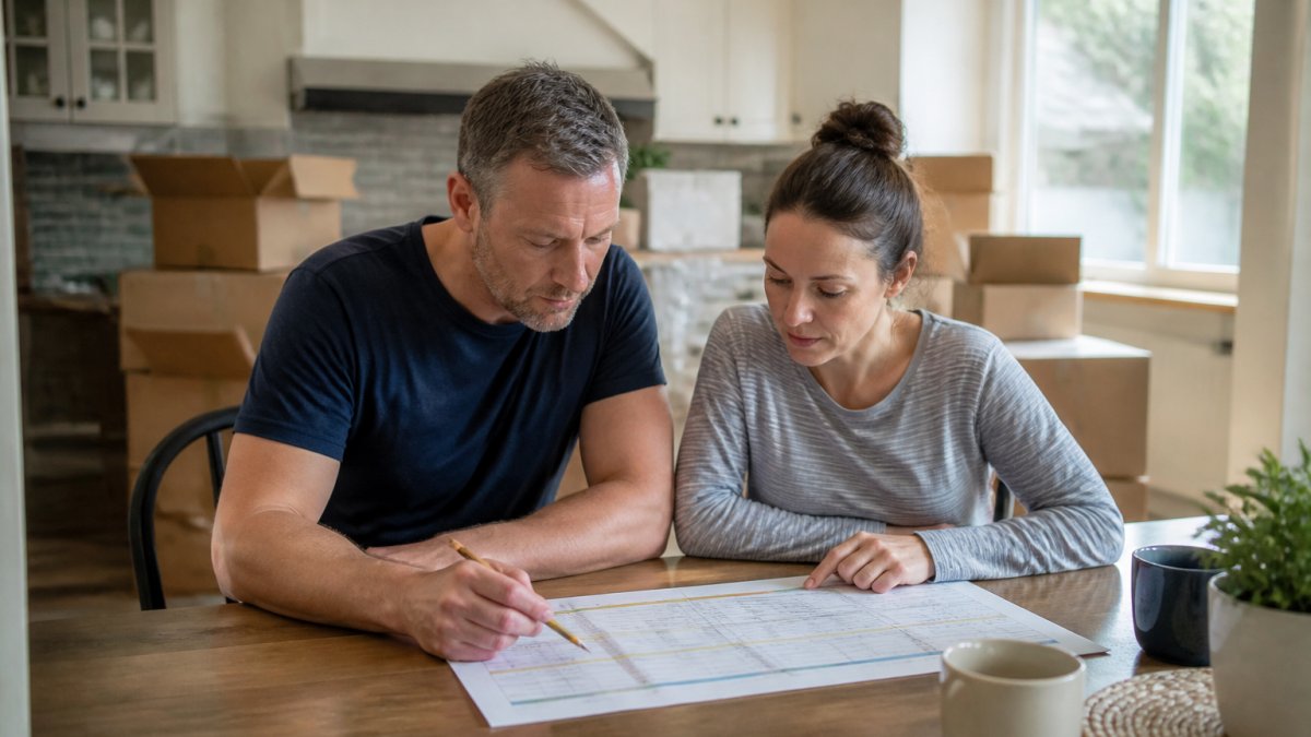 A couple reviewing a step-by-step kitchen renovation timeline at a dining table surrounded by packed boxes.
