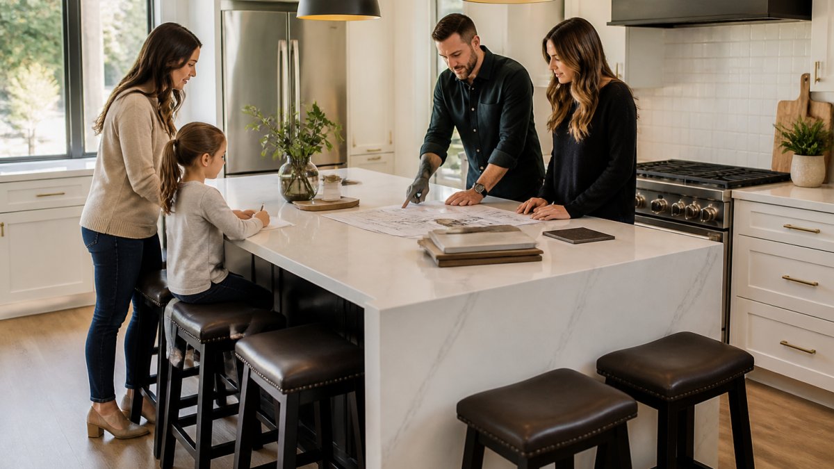 Professional demonstrating kitchen island design tips St Albert technique in modern kitchen setting with natural lighting and multiple family members working around a large rectangular island