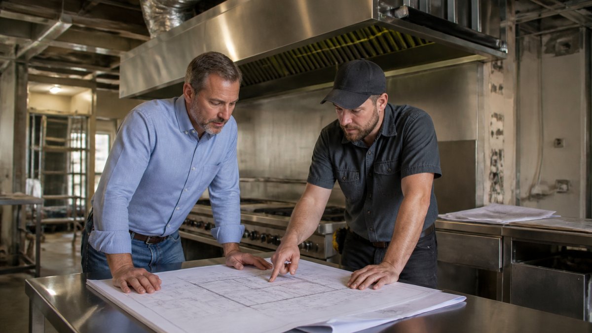 A contractor and restaurant owner reviewing kitchen floor plans spread on a stainless steel prep table inside a commercial kitchen under renovation, with an exhaust hood and exposed ductwork visible in the background