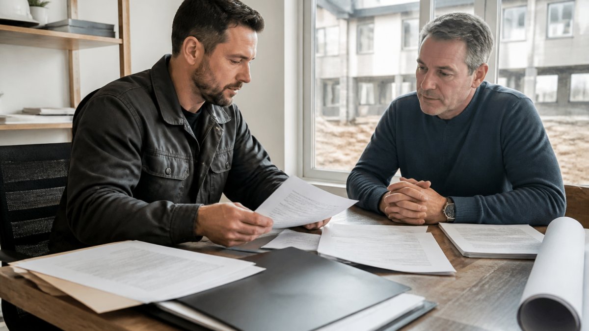 Contractor reviewing a custom home contract with a homeowner in a bright construction office